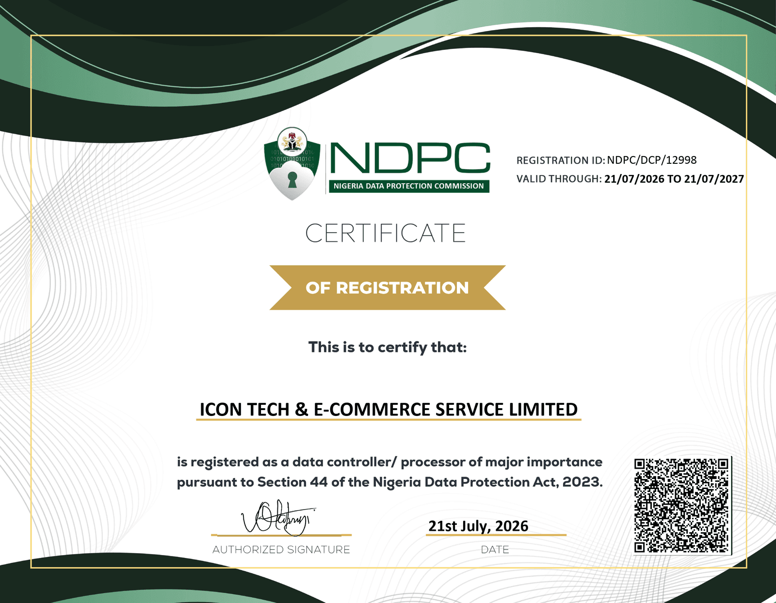 NDPC certificate of registration issued to ICON Tech & E-Commerce Service Limited, registration ID NDPC/DCP/12998, valid from 21 July 2026 to 21 July 2027.